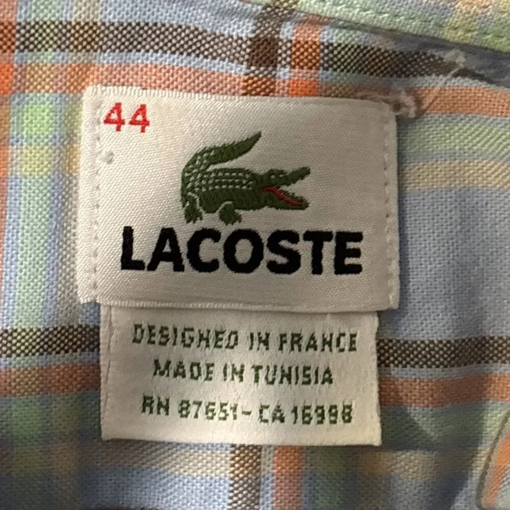 Lacoste Men's Shirt Size 44 XL  Multicolor Plaid Cotton Long Sleeve Button Down